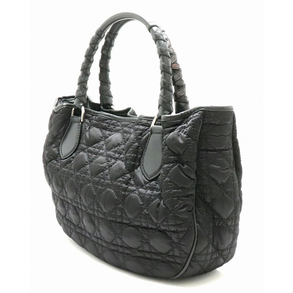 Dior Handbag Christian Black Leather Lady Charm  Cannage Nylon - Picture 1 of 9